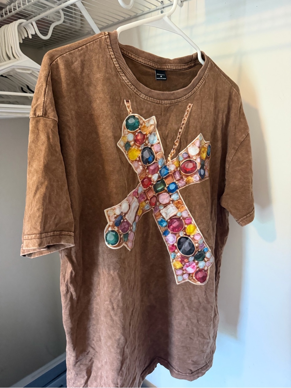 Brown Short-Sleeve Tee with Gem Cross Graphic